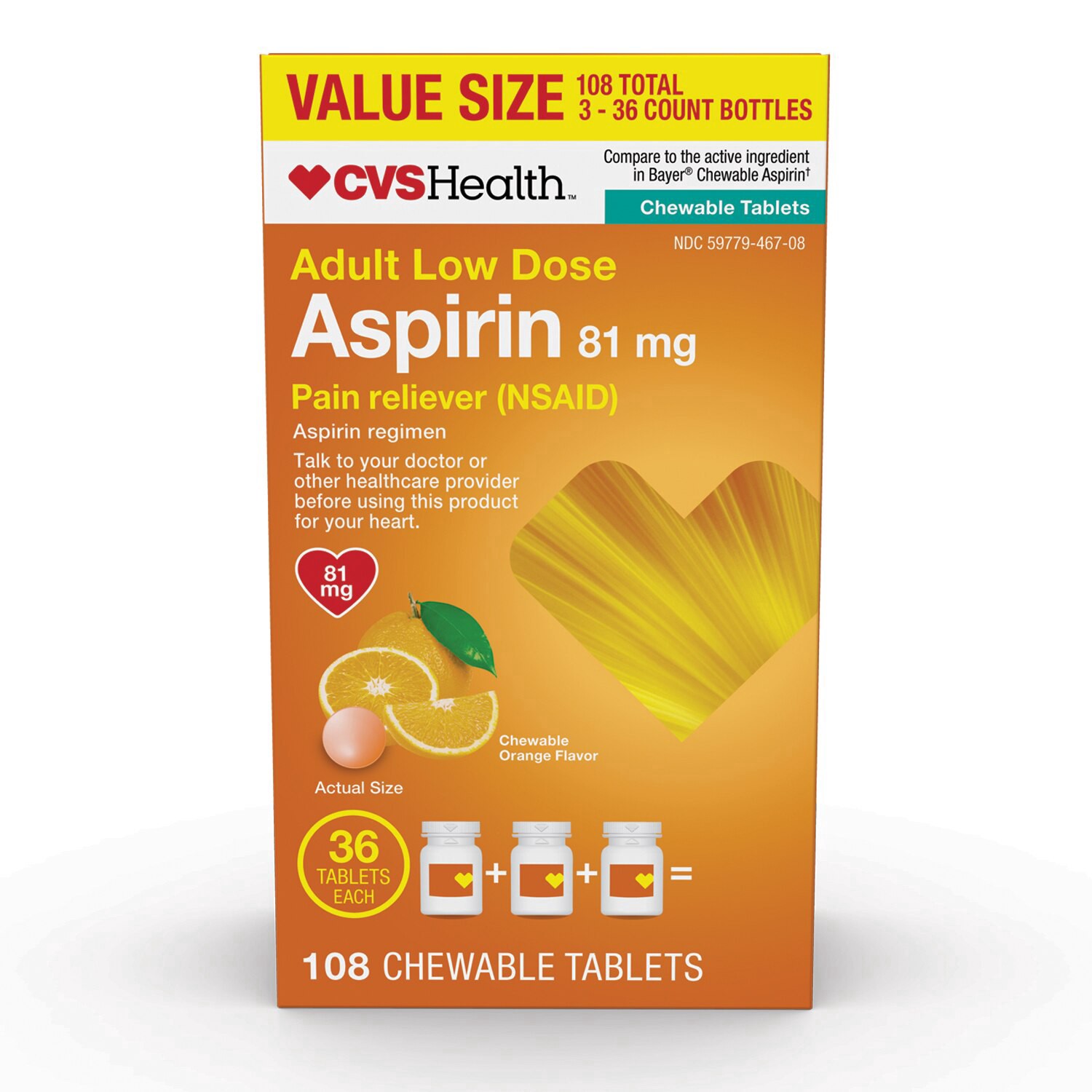 slide 1 of 1, CVS Health Chewable Low Dose Aspirin Tablets Orange Flavor Value Pack, 3 pk; 36 ct