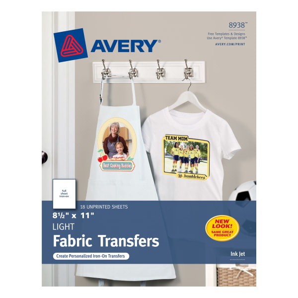 slide 1 of 6, Avery Light Fabric Transfers for Inkjet Printers, 8 1/2 x 11, White, 18 ct