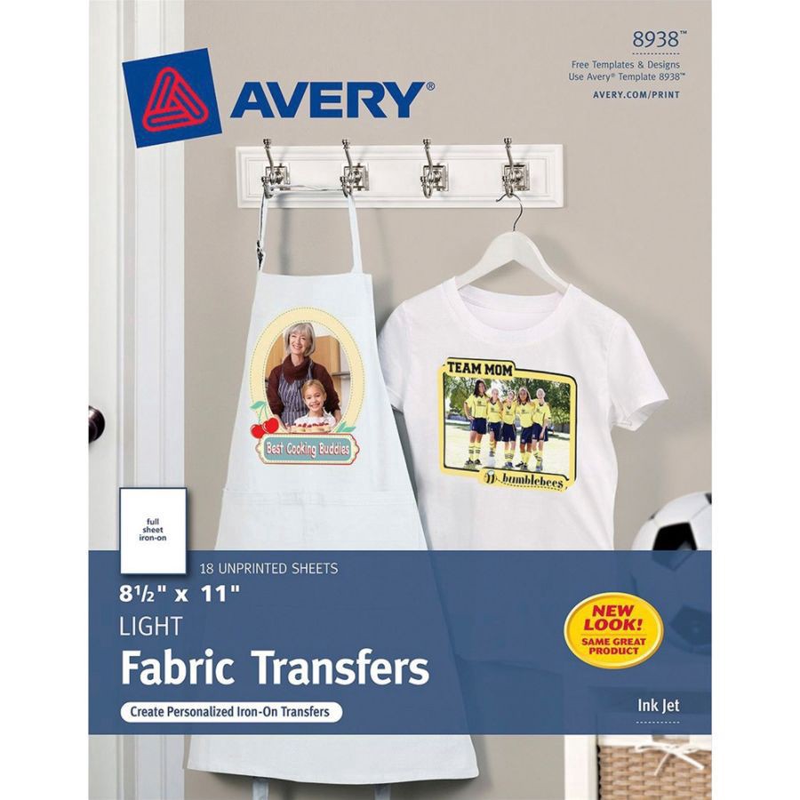 slide 2 of 6, Avery Light Fabric Transfers for Inkjet Printers, 8 1/2 x 11, White, 18 ct