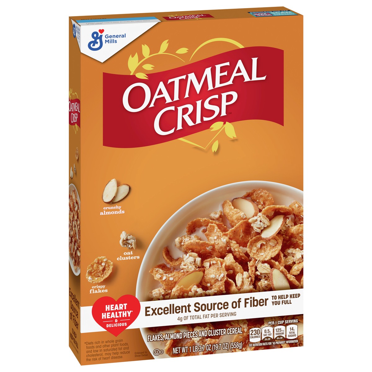 slide 7 of 9, Oatmeal Crisp Heart Healthy Cereal, High Fiber Cereal Made with Whole Grain, 19.7 oz, 19.7 oz