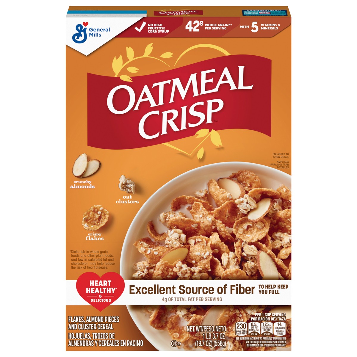 slide 1 of 9, Oatmeal Crisp Heart Healthy Cereal, High Fiber Cereal Made with Whole Grain, 19.7 oz, 19.7 oz