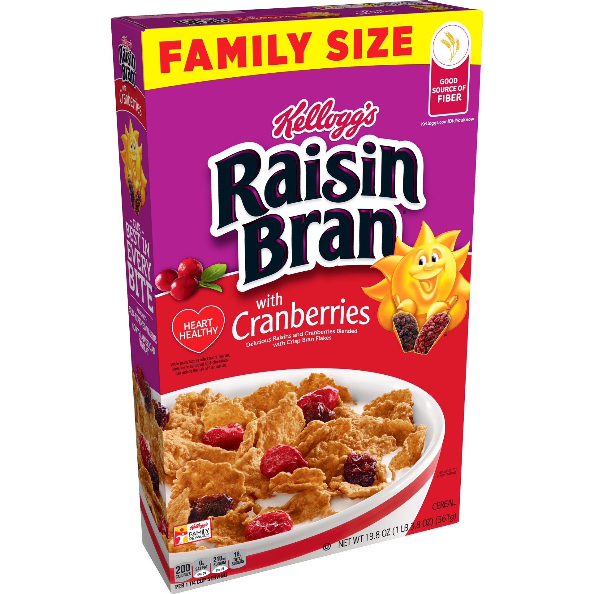 slide 1 of 5, Kellogg's Raisin Bran Breakfast Cereal, Good Source of Fiber, Original with Cranberries, 19.8 oz