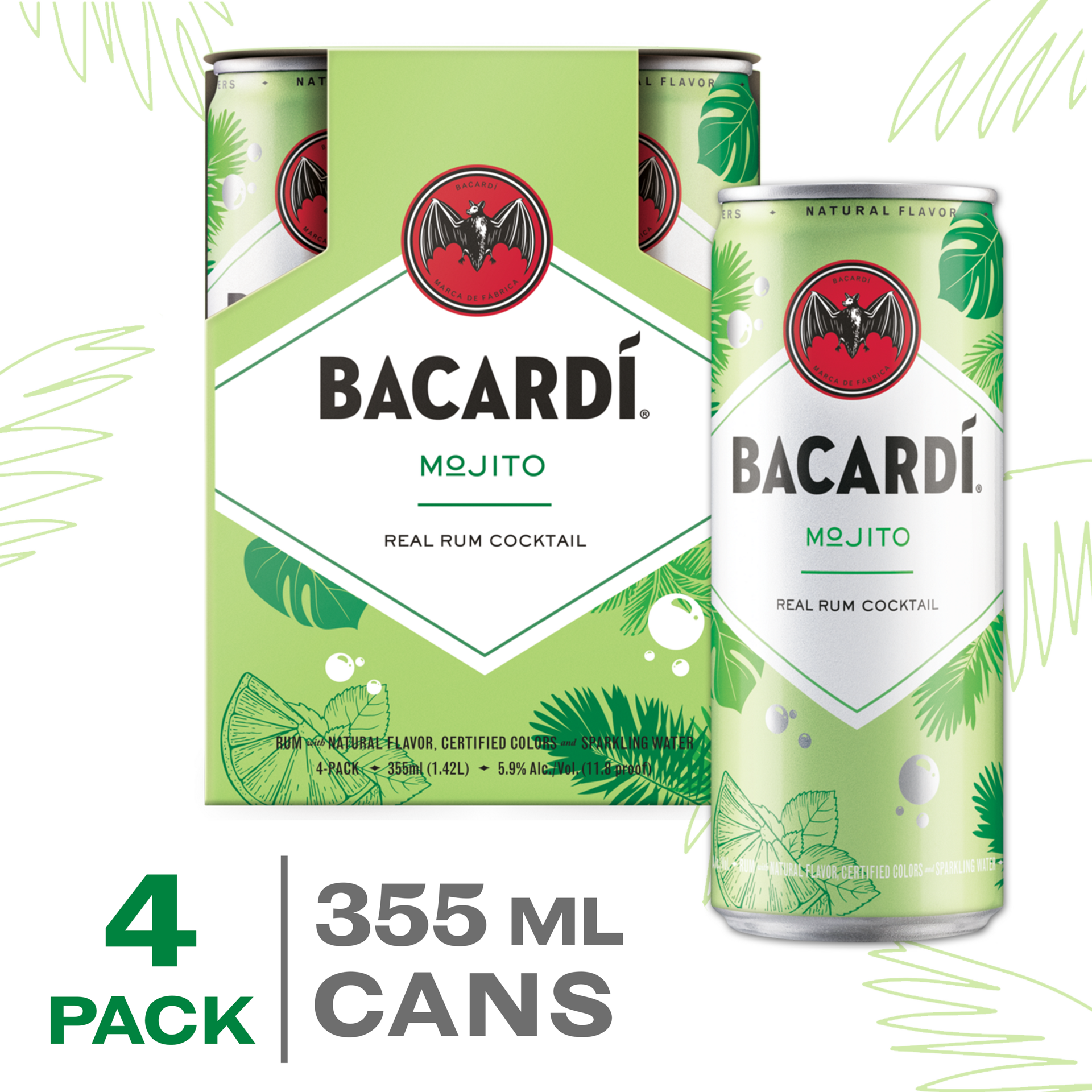 slide 5 of 5, Bacardi 4 Pack Mojito Rum Cocktail 4 ea, 4 ct; 355 ml
