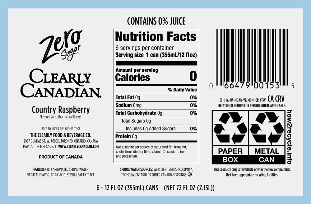 slide 2 of 2, Clearly Canadian® Zero Sugar Country Raspberry Flavored Sparkling Water Pack, 6 ct; 12 fl oz