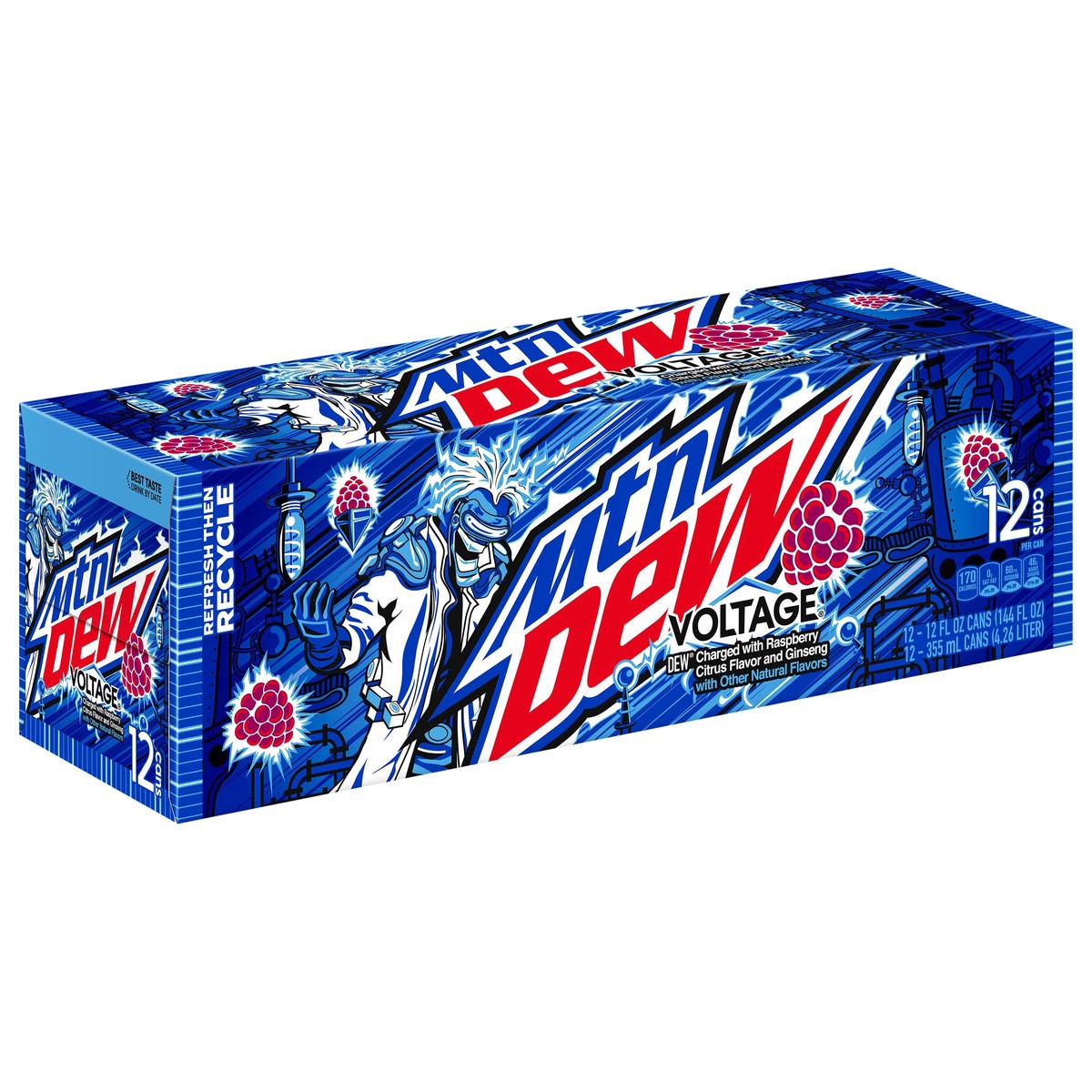 slide 8 of 11, Mountain Dew Voltage Dew Soda Charged With Raspberry Citrus And Ginseng Flavor 12 Fl Oz 12 Count, 12 ct