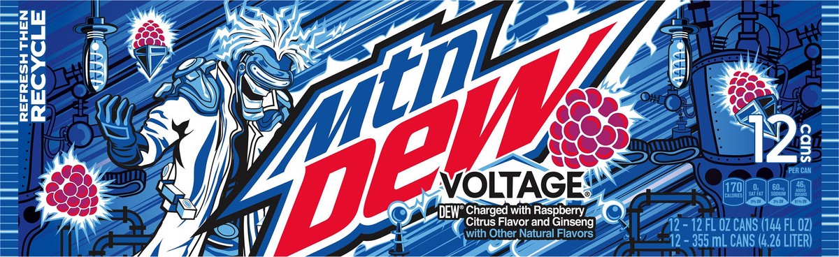 slide 7 of 11, Mountain Dew Voltage Dew Soda Charged With Raspberry Citrus And Ginseng Flavor 12 Fl Oz 12 Count, 12 ct