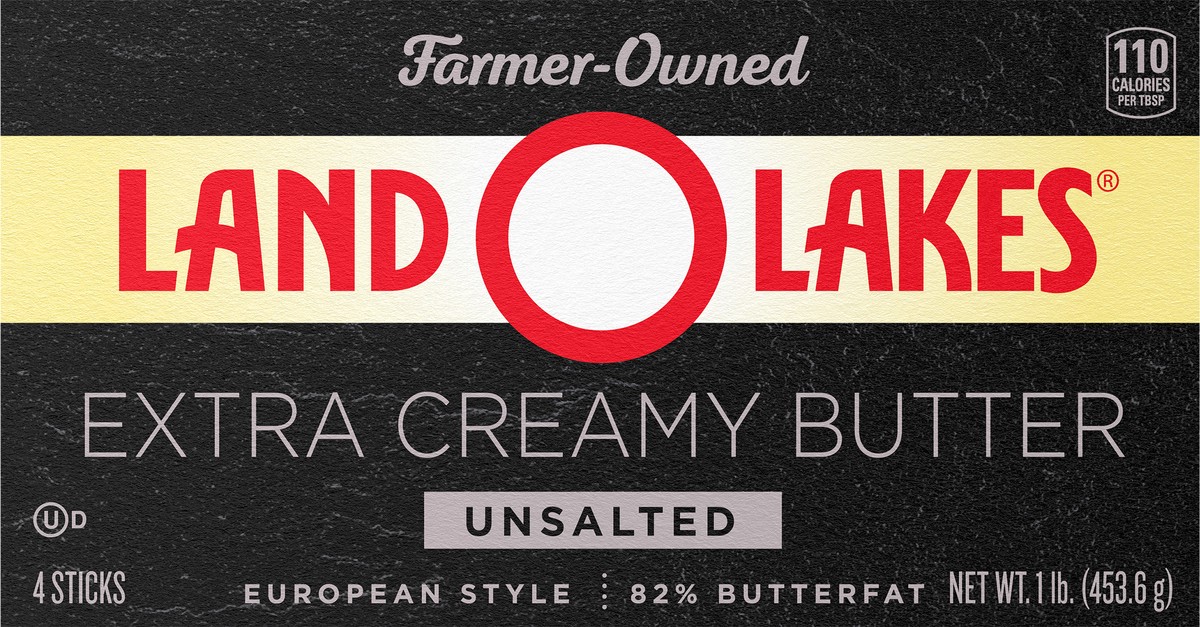 slide 6 of 9, Land O'Lakes Extra Creamy Unsalted Butter, 4 Butter Sticks, 1 lb Pack, 4 ct