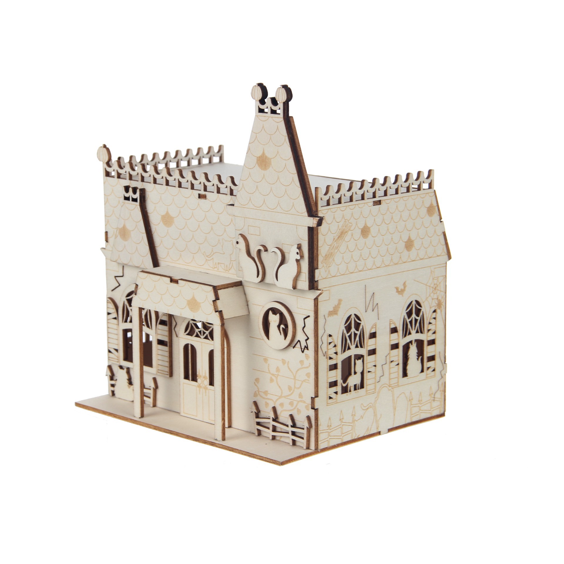 slide 2 of 5, 7.5" Diy Village Cat House Led Wood Decor By Make Market, 7.5 in