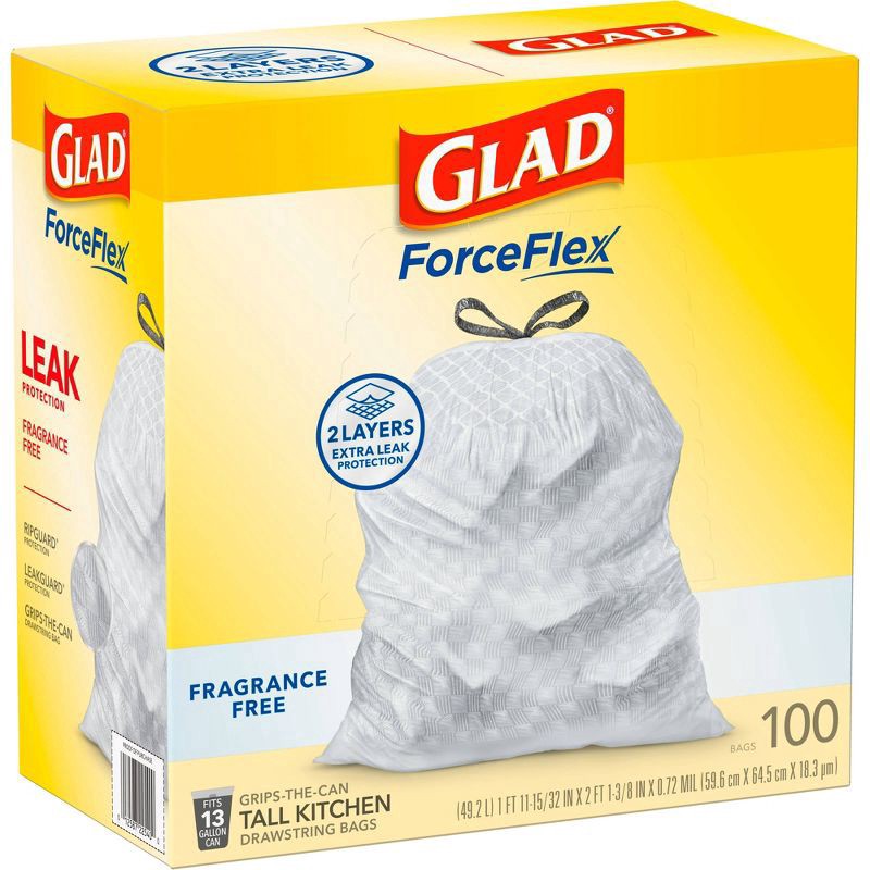 slide 10 of 16, Glad ForceFlex Drawstring Fragrance Free Trash Bags - 13 Gallon - 100ct, 100 ct