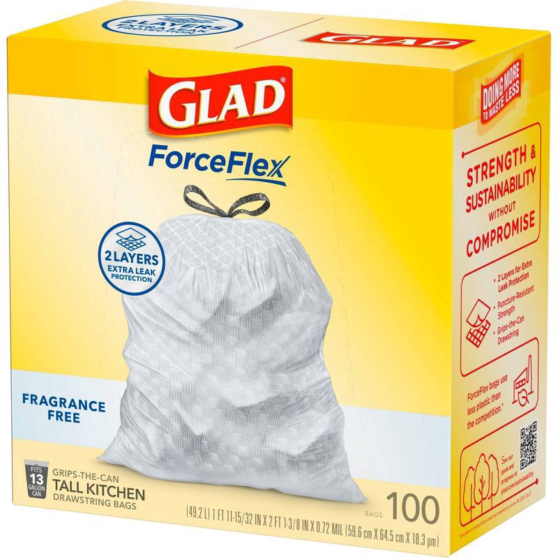 slide 13 of 16, Glad ForceFlex Drawstring Fragrance Free Trash Bags - 13 Gallon - 100ct, 100 ct