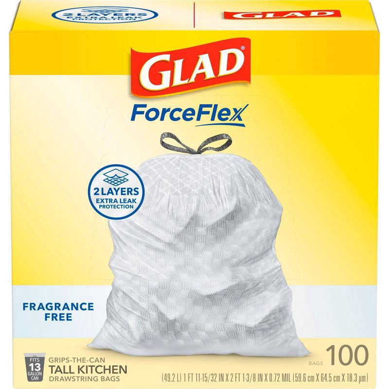 slide 6 of 16, Glad ForceFlex Drawstring Fragrance Free Trash Bags - 13 Gallon - 100ct, 100 ct
