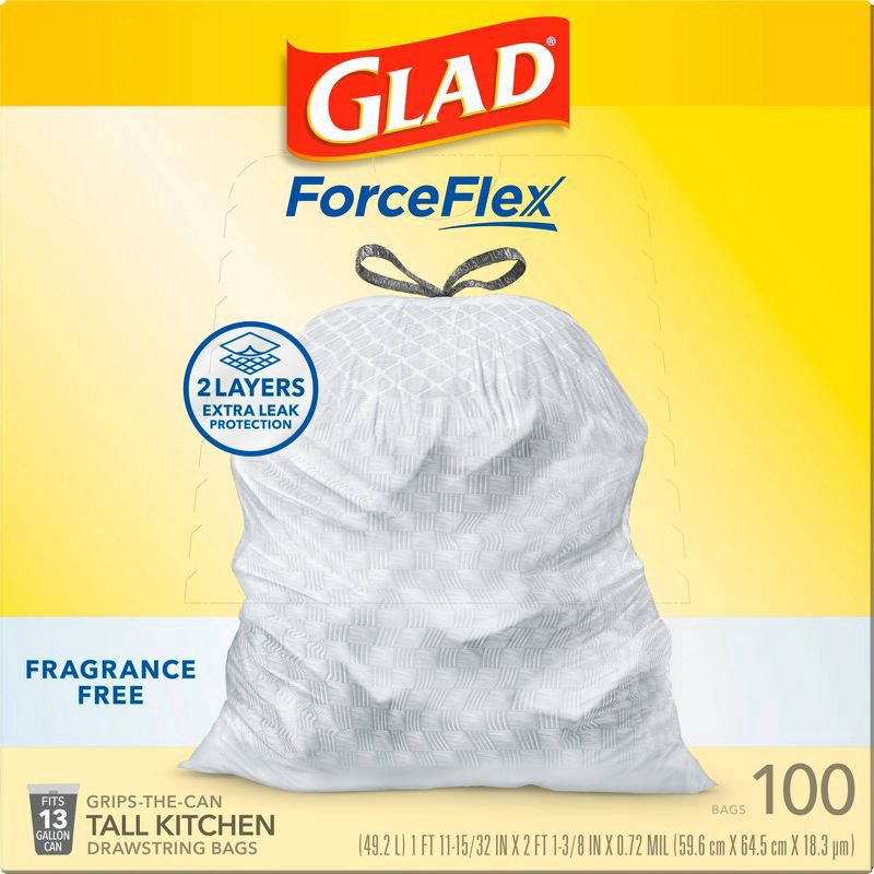 slide 9 of 16, Glad ForceFlex Drawstring Fragrance Free Trash Bags - 13 Gallon - 100ct, 100 ct