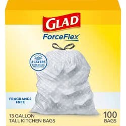 Glad ForceFlex Tall Kitchen Drawstring Trash Bags, 13 Gallon, Fragrance Free, 100 Count