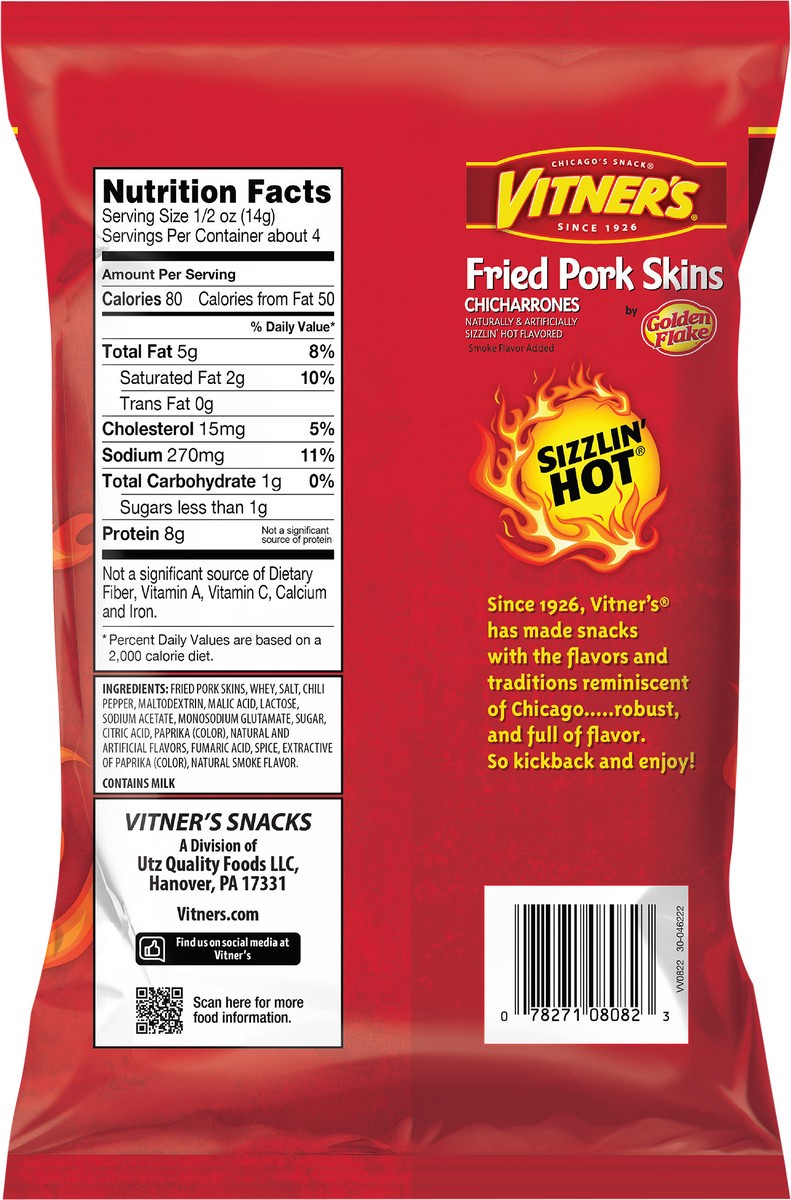 slide 6 of 11, VITNERS Sizzlin Hot Pork Rinds, 1 ct