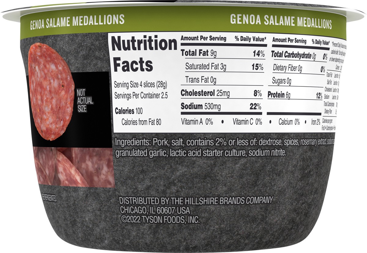 slide 5 of 8, Hillshire Snacking Charcuterie Cup, Genoa Salami Medallions, 2.5 oz, 70.87 g