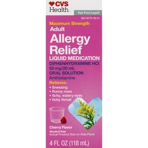 slide 1 of 1, CVS Health Maximum Strength Dye-Free Adult Allergy Diphenhydramine Liquid, Cherry Flavor, 4 oz