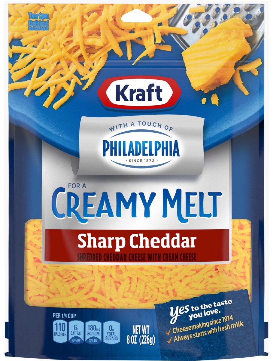 slide 4 of 8, Kraft Sharp Cheddar Shredded Cheese with a Touch of Philadelphia for a Creamy Melt, 8 oz Bag, 8 oz