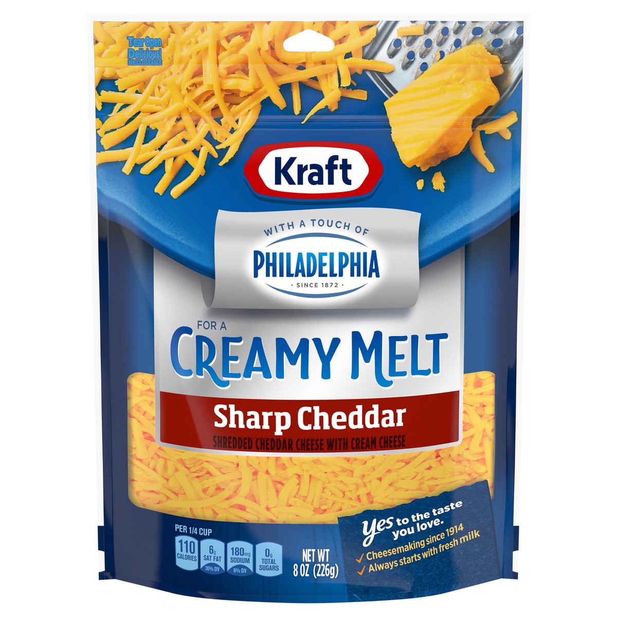 slide 1 of 8, Kraft Sharp Cheddar Shredded Cheese with a Touch of Philadelphia for a Creamy Melt, 8 oz Bag, 8 oz