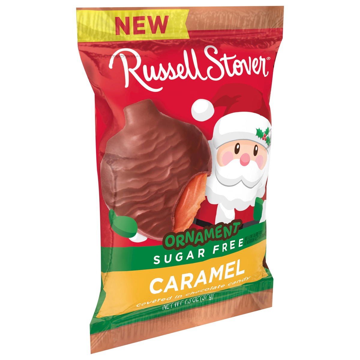 slide 4 of 10, RUSSELL STOVER Christmas Sugar Free Caramel Chocolate Candy Ornament, 1.3 oz., 1.3 oz