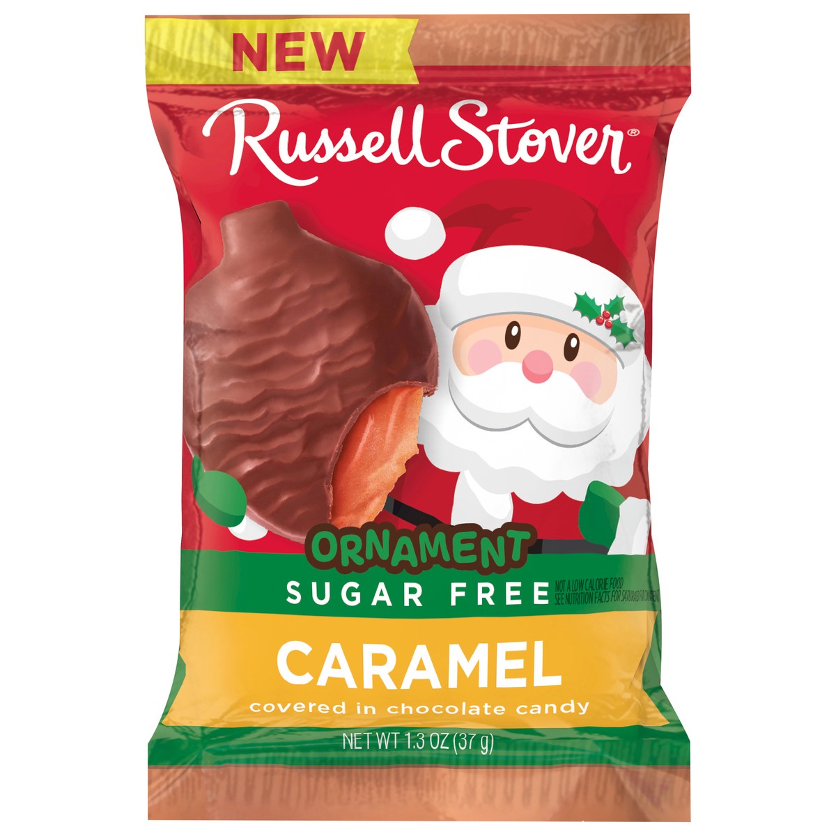 slide 6 of 10, RUSSELL STOVER Christmas Sugar Free Caramel Chocolate Candy Ornament, 1.3 oz., 1.3 oz