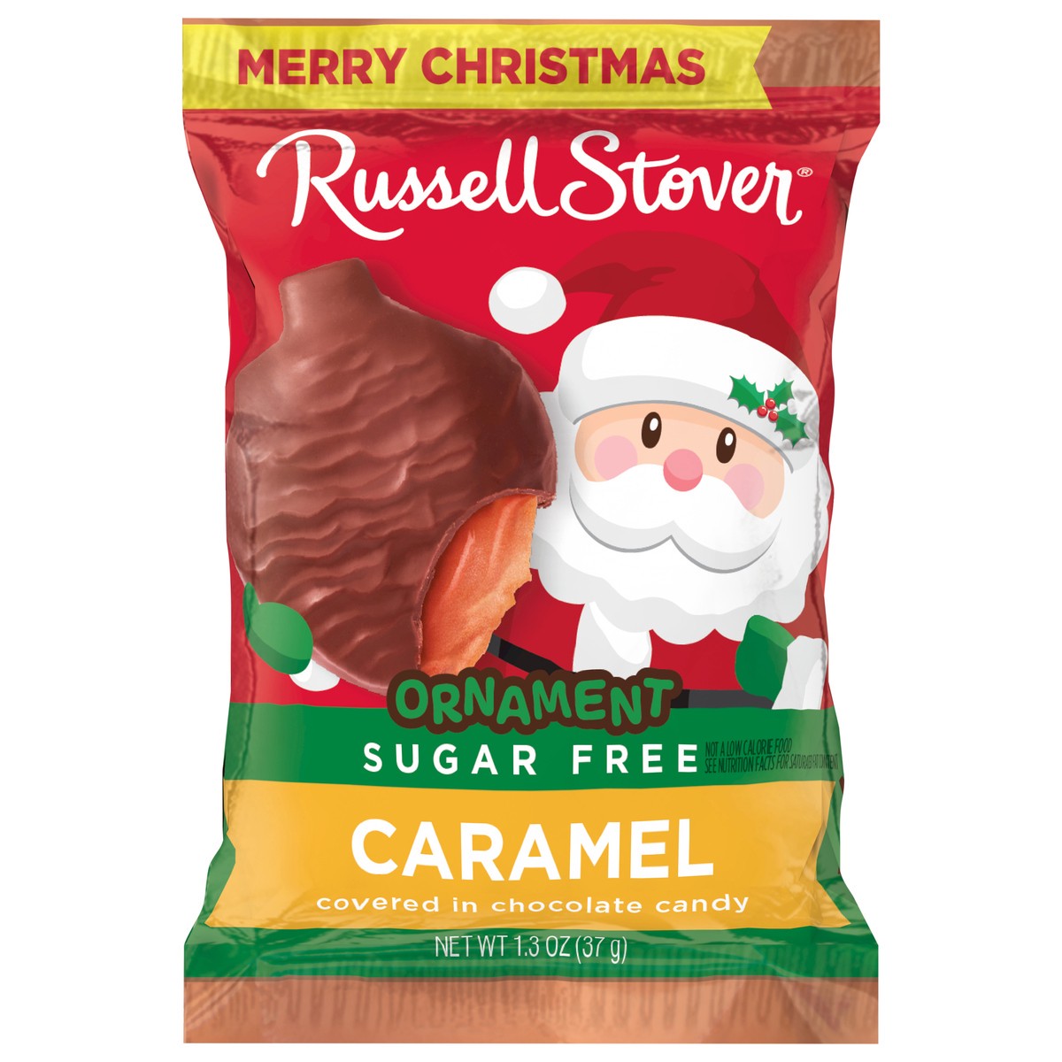 slide 1 of 10, RUSSELL STOVER Christmas Sugar Free Caramel Chocolate Candy Ornament, 1.3 oz., 1.3 oz