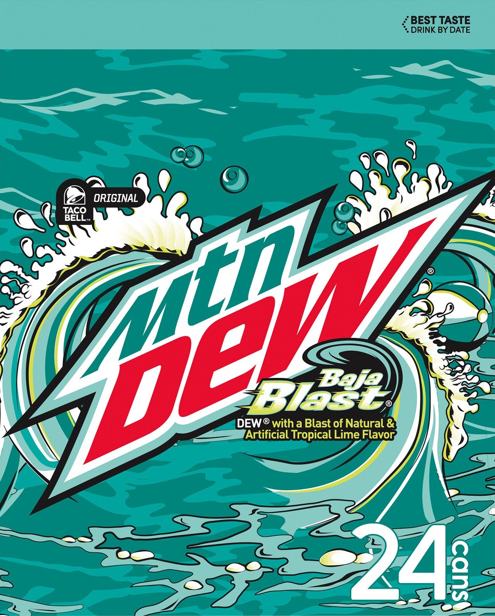 slide 3 of 11, Mountain Dew Baja Blast DEW With A Blast Of Natural & Artificial Tropical Lime Flavor 12 Fl Oz, 24 Count, 24 ct