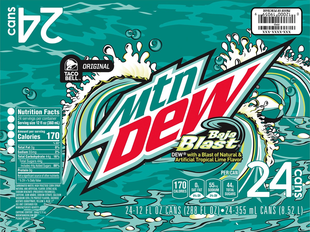 slide 4 of 11, Mountain Dew Baja Blast DEW With A Blast Of Natural & Artificial Tropical Lime Flavor 12 Fl Oz, 24 Count, 24 ct