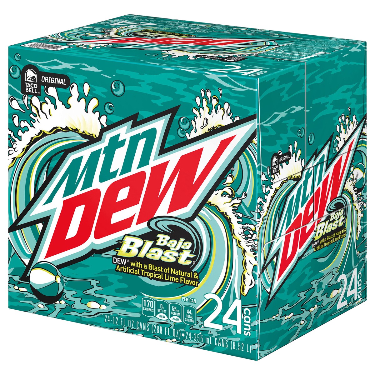 slide 8 of 11, Mountain Dew Baja Blast DEW With A Blast Of Natural & Artificial Tropical Lime Flavor 12 Fl Oz, 24 Count, 24 ct