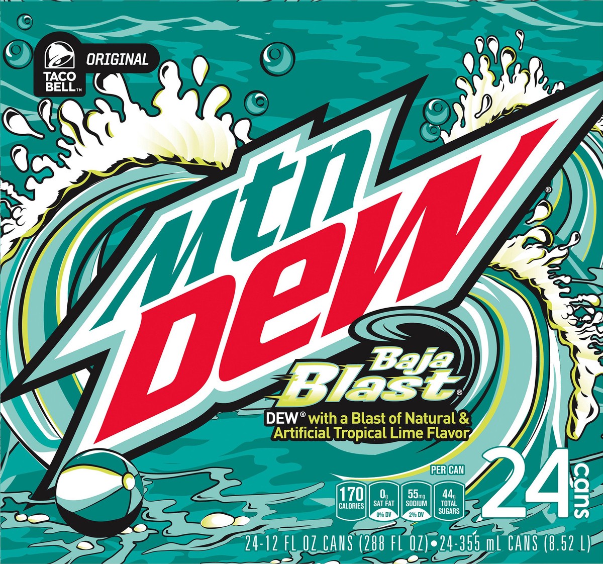 slide 7 of 11, Mountain Dew Baja Blast DEW With A Blast Of Natural & Artificial Tropical Lime Flavor 12 Fl Oz, 24 Count, 24 ct