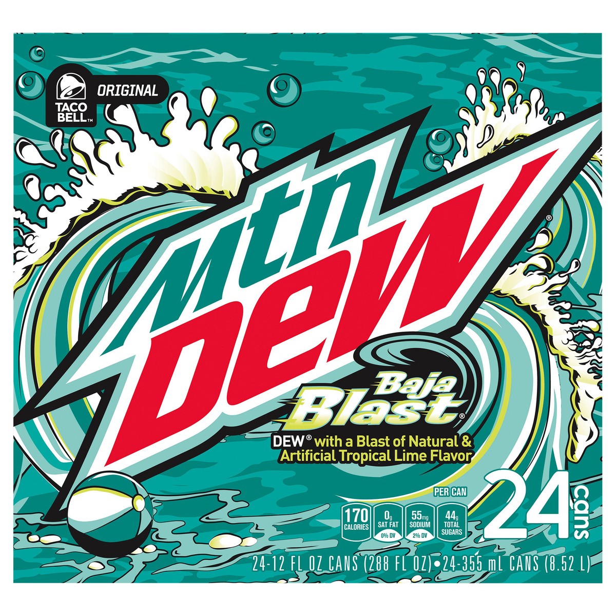 slide 2 of 11, Mountain Dew Baja Blast DEW With A Blast Of Natural & Artificial Tropical Lime Flavor 12 Fl Oz, 24 Count, 24 ct