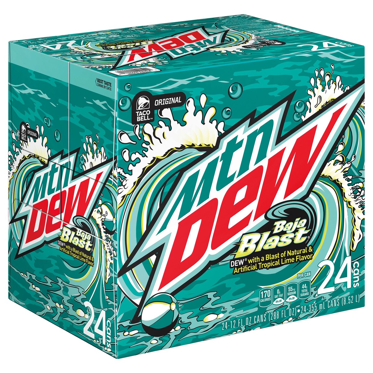 slide 11 of 11, Mountain Dew Baja Blast DEW With A Blast Of Natural & Artificial Tropical Lime Flavor 12 Fl Oz, 24 Count, 24 ct