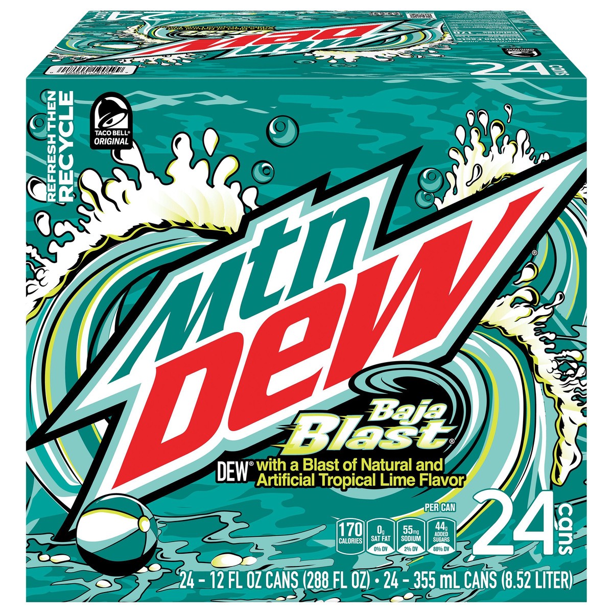 slide 1 of 11, Mountain Dew Baja Blast DEW With A Blast Of Natural & Artificial Tropical Lime Flavor 12 Fl Oz, 24 Count, 24 ct