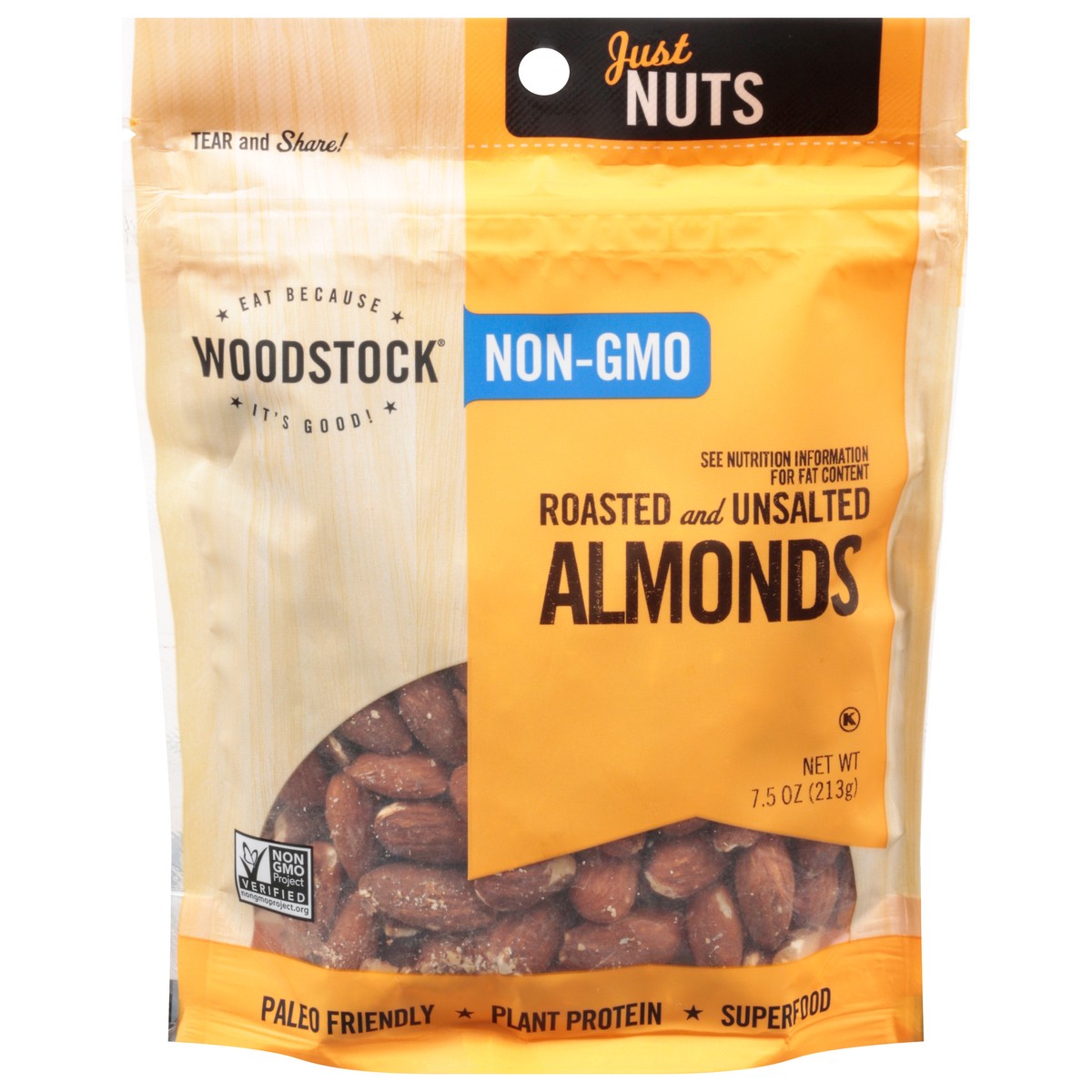 slide 1 of 1, Woodstock Roasted & Unsalted Almonds 7.5 oz, 7.5 oz