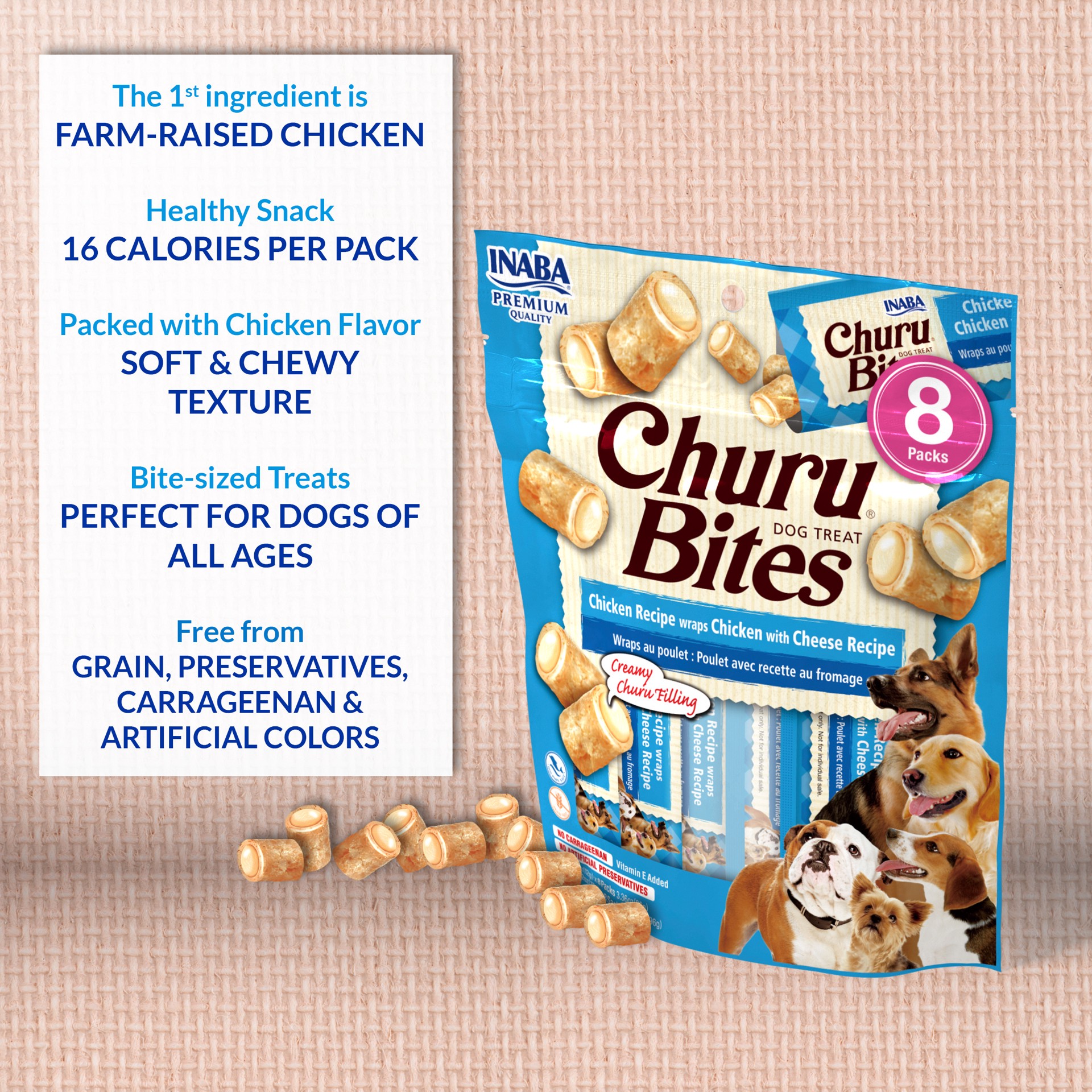 slide 7 of 7, Inaba Churu Bites for Dogs, Soft & Chewy Baked Chicken wrapped Churu Filled Dog Treats with Vitamin E, 0.42 Ounces per Tube, 8 Tubes, Chicken with Salmon Recipe, 8 ct