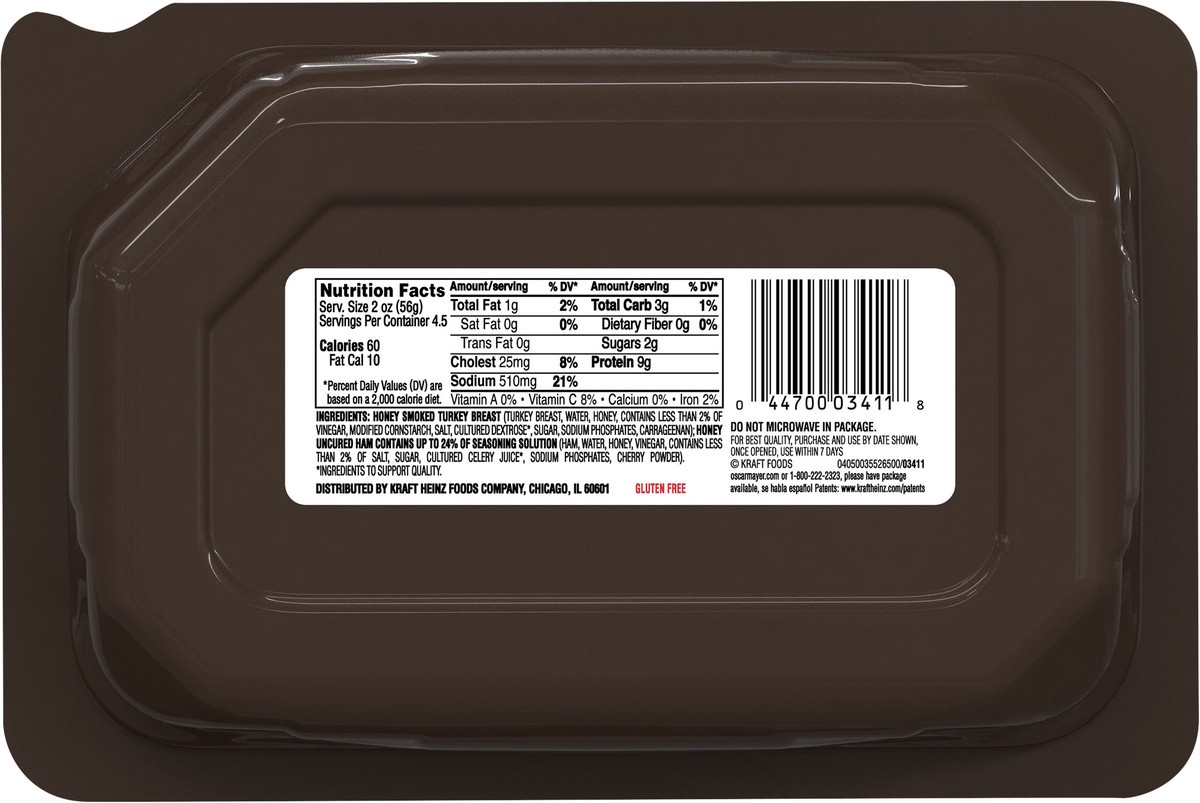 slide 5 of 9, Oscar Mayer Deli Fresh Honey Smoked Turkey Breast & Honey Uncured Ham Sliced Lunch Meat Variety Pack, 9 oz. Tray, 9 oz