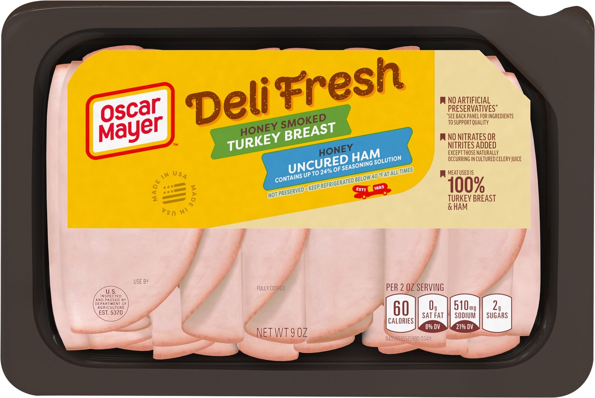 slide 3 of 9, Oscar Mayer Deli Fresh Honey Smoked Turkey Breast & Honey Uncured Ham Sliced Lunch Meat Variety Pack, 9 oz. Tray, 9 oz