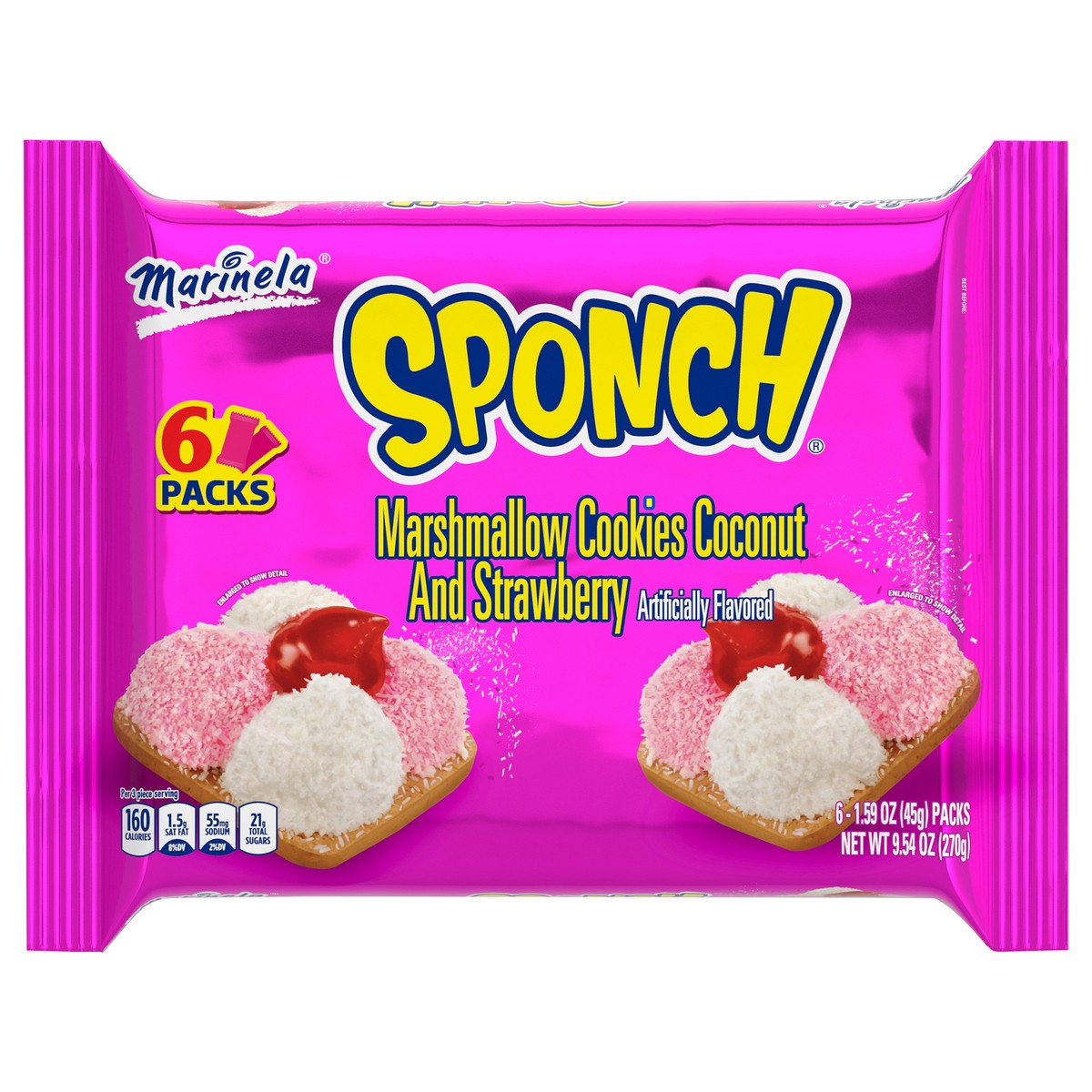 slide 1 of 9, Marinela Sponch Marshmallow Cookies with Coconut and Strawberry, 6 count, 9.54 oz, 9.54 oz