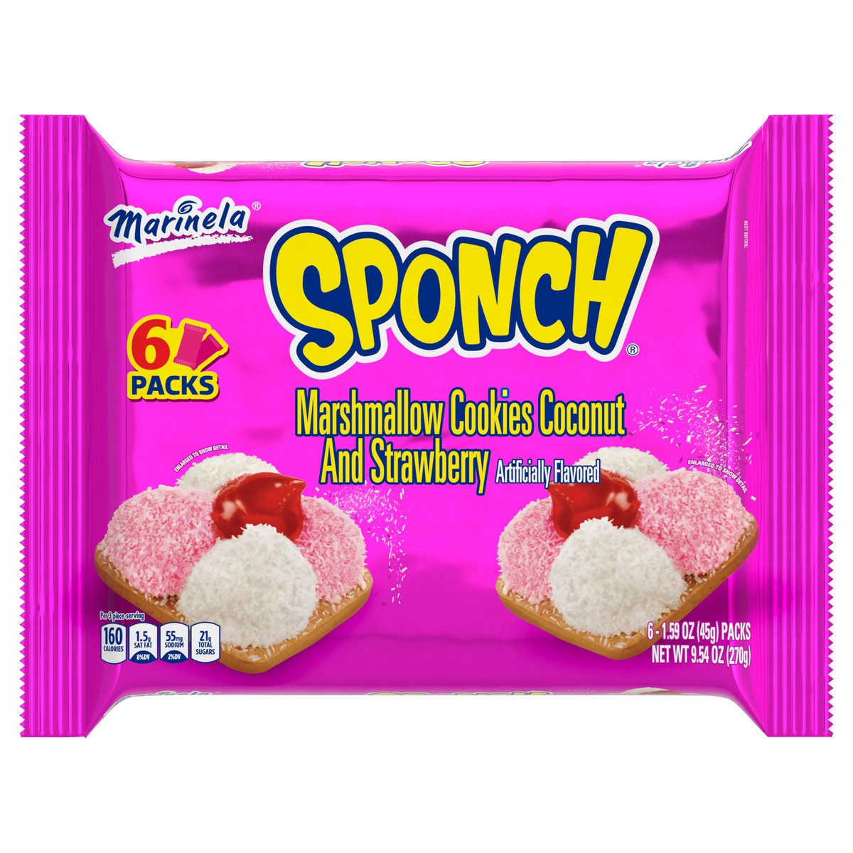 slide 1 of 9, Marinela Sponch Coconut and Strawberry Marshmallow Cookies, 6 packs, 9.54 oz, 9.54 oz