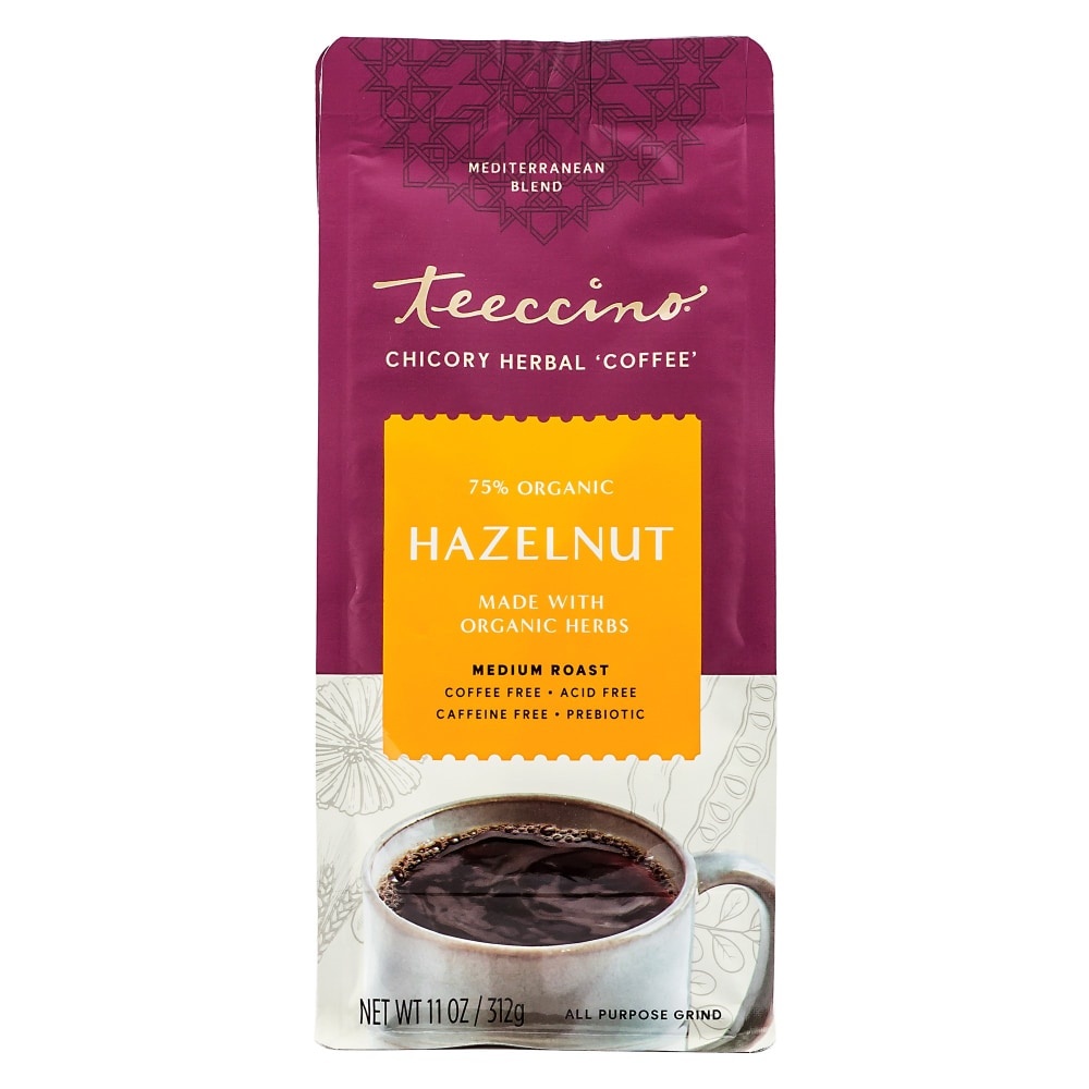 slide 1 of 1, Teeccino Herbal Coffee Organic Caffeine-Free All-Purpose Grind Medium Roast Hazelnut, 11 oz