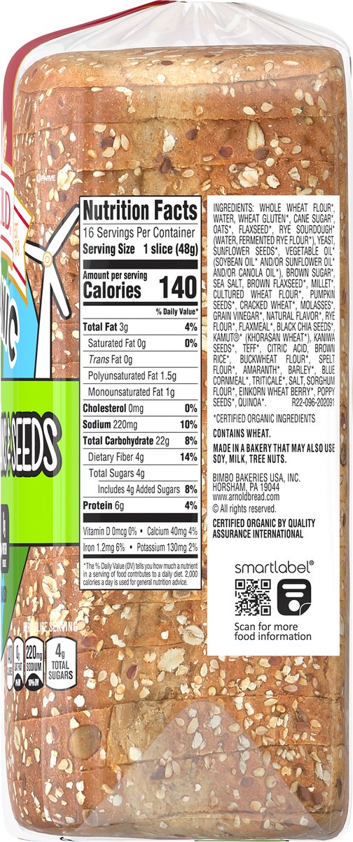 slide 9 of 9, Arnold Organic 22 Whole Grains & Seeds Bread, 27 oz, Multigrain Bread, Bag, 27 oz