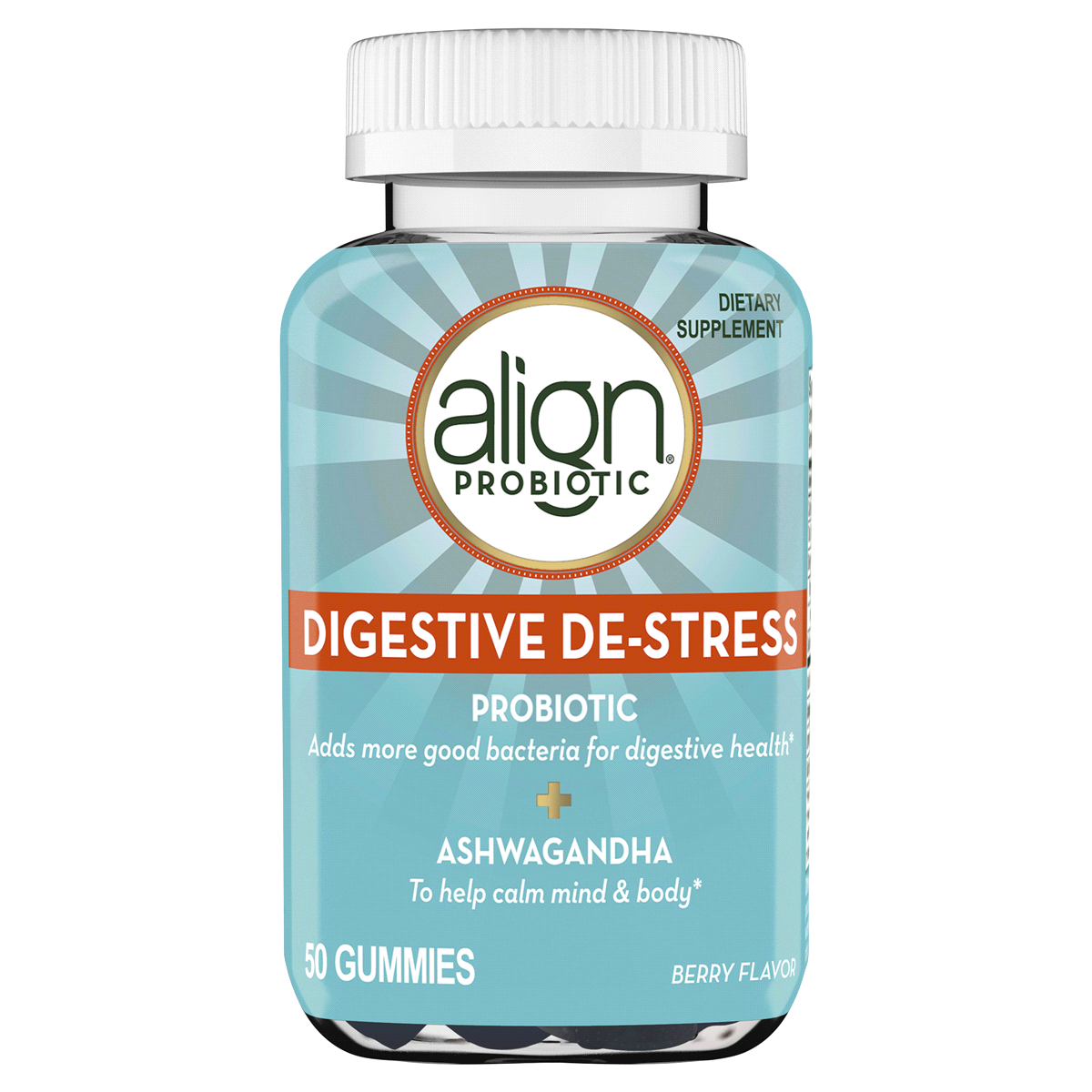 slide 1 of 1, Align Probiotic, Digestive De-stress, Probiotic for Women and Men with Ashwagandha, Helps with a Healthy Response to Stress, Gluten Free, Soy Free, Vegetarian, 50 Gummies, 50 ct