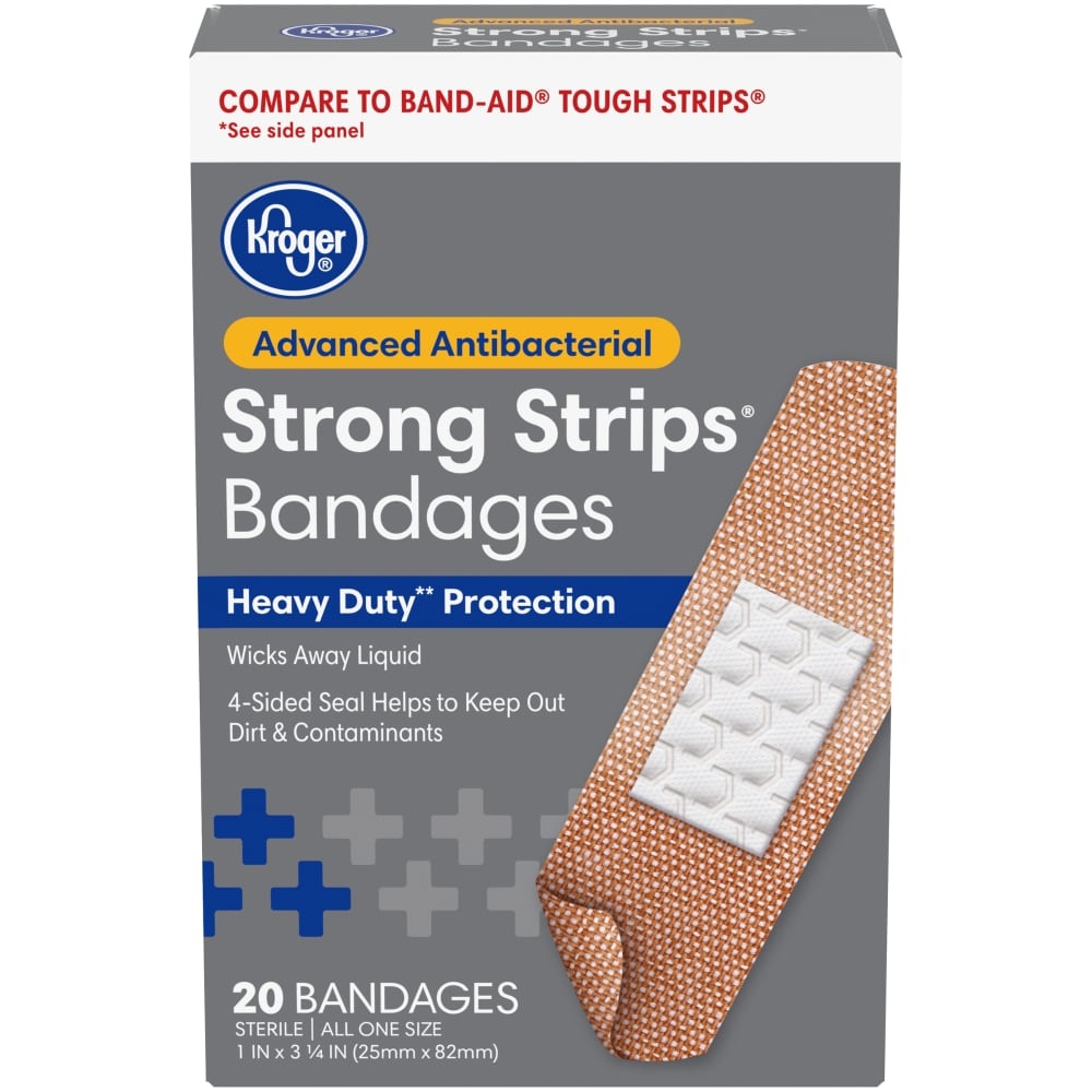 slide 1 of 1, Kroger Advanced Antibacterial Strong Strips Bandages, 20 ct