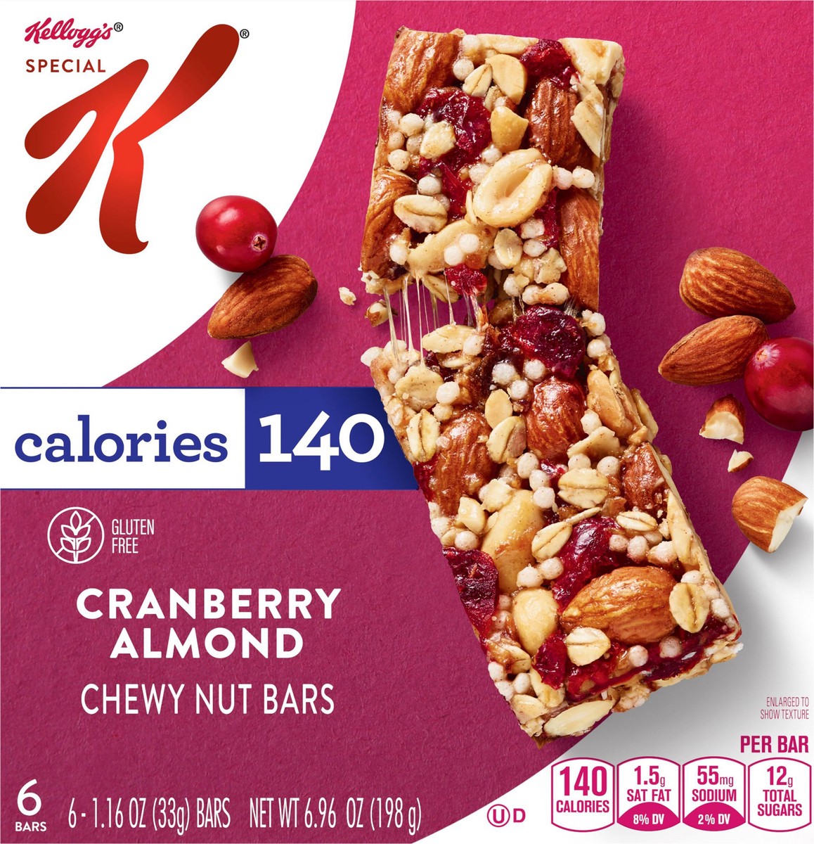 slide 9 of 14, Special K Kellogg's Special K Chewy Nut Bars, Gluten Free Snacks, 140 Calories, Cranberry Almond, 6.96oz Box, 6 Bars, 6.96 oz