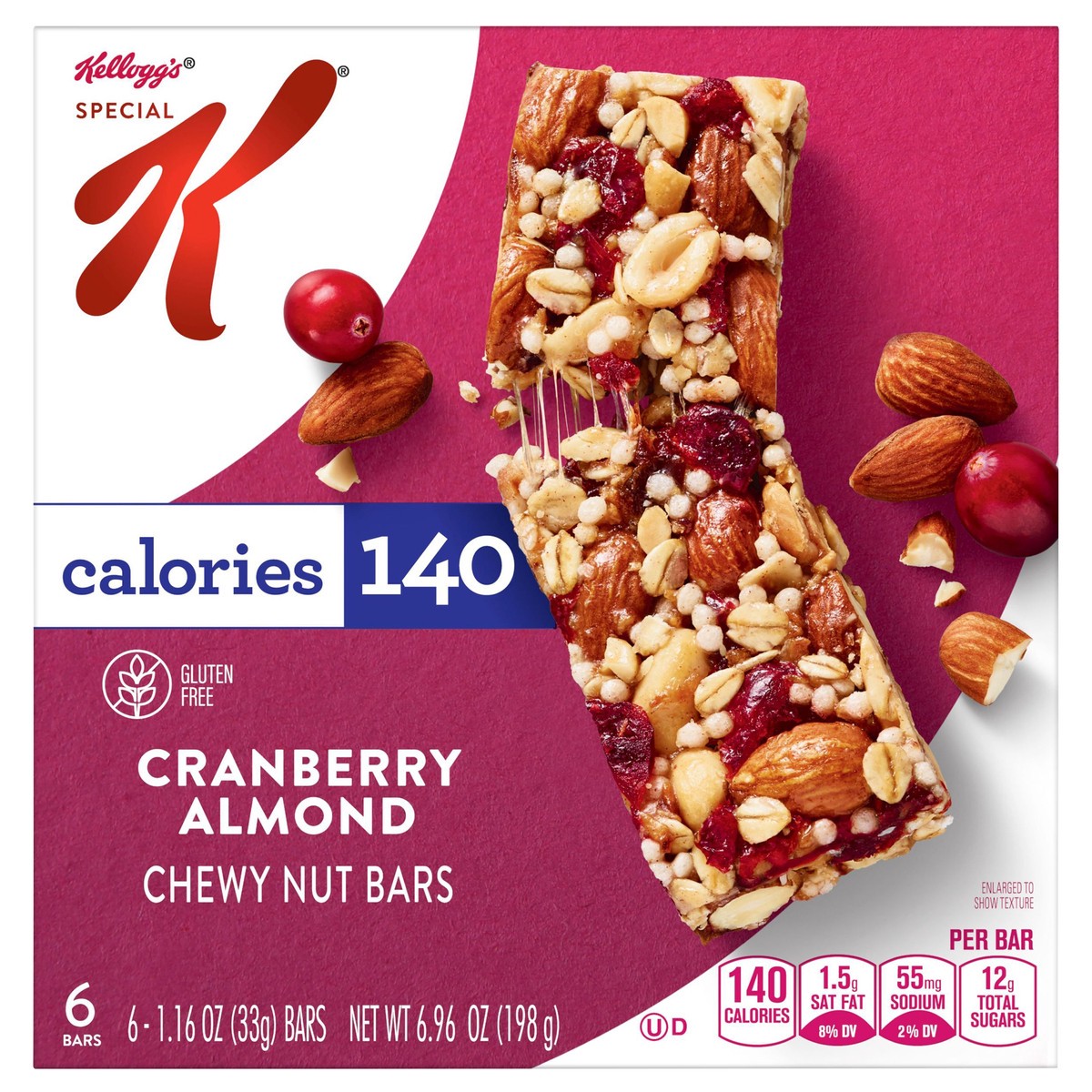 slide 10 of 14, Special K Kellogg's Special K Chewy Nut Bars, Gluten Free Snacks, 140 Calories, Cranberry Almond, 6.96oz Box, 6 Bars, 6.96 oz