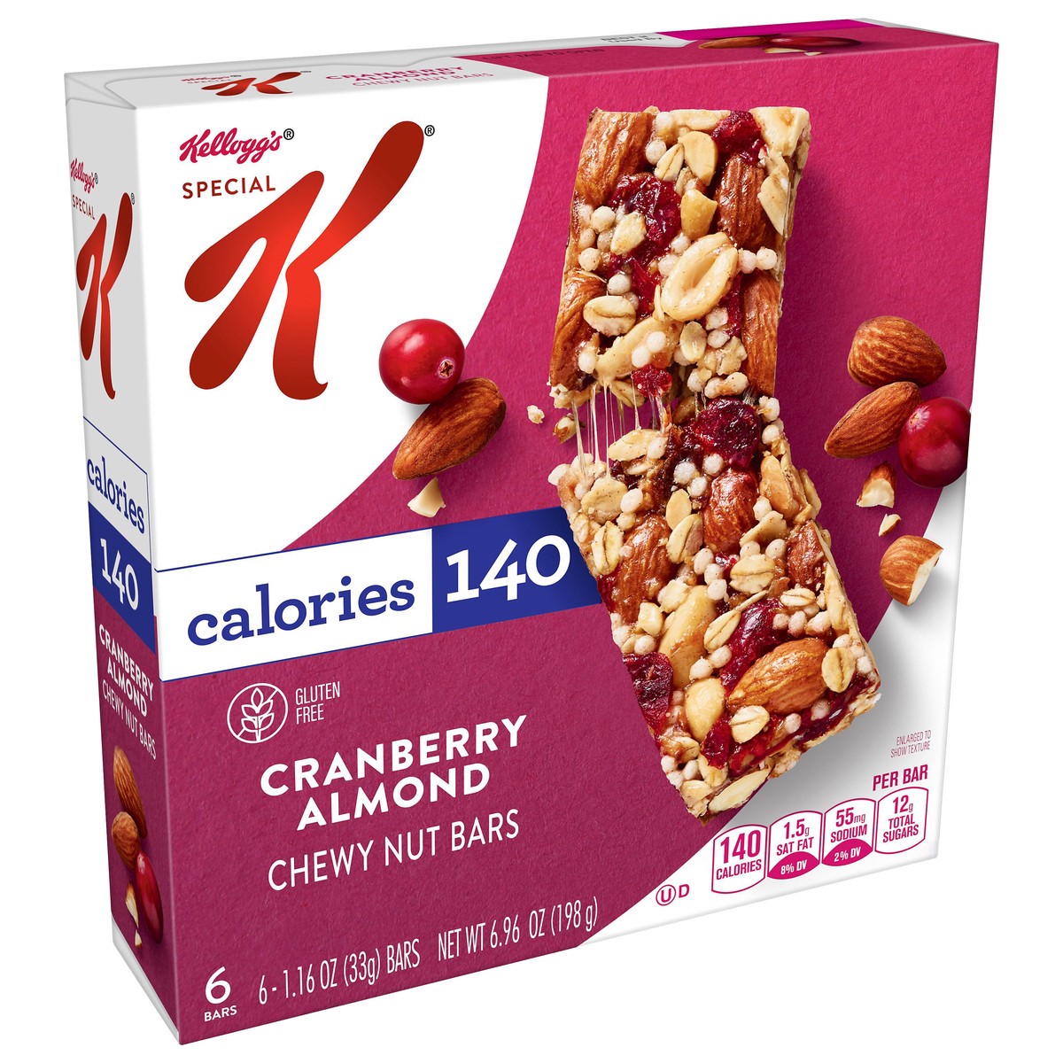 slide 12 of 14, Special K Kellogg's Special K Chewy Nut Bars, Gluten Free Snacks, 140 Calories, Cranberry Almond, 6.96oz Box, 6 Bars, 6.96 oz