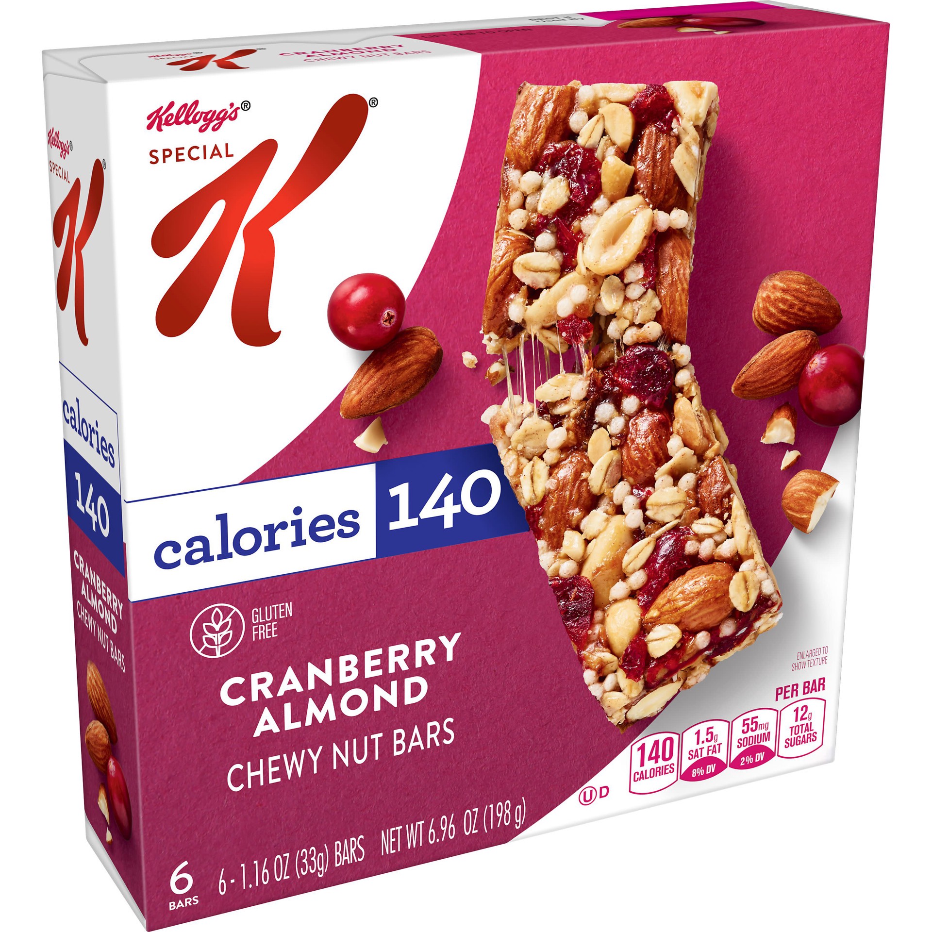 slide 1 of 14, Special K Kellogg's Special K Chewy Nut Bars, Gluten Free Snacks, 140 Calories, Cranberry Almond, 6.96oz Box, 6 Bars, 6.96 oz