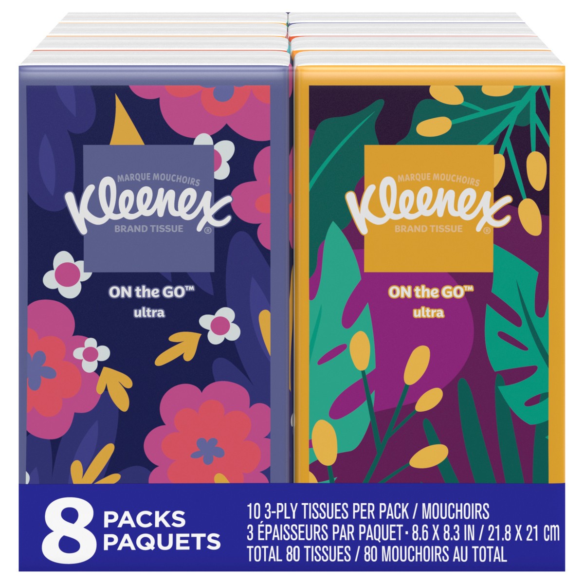 slide 1 of 9, Kleenex On-the-Go Facial Tissues, Travel Size Tissues, 8 Packs, 10 Tissues per Box, 3-Ply (80 Total Tissues), 8 ct