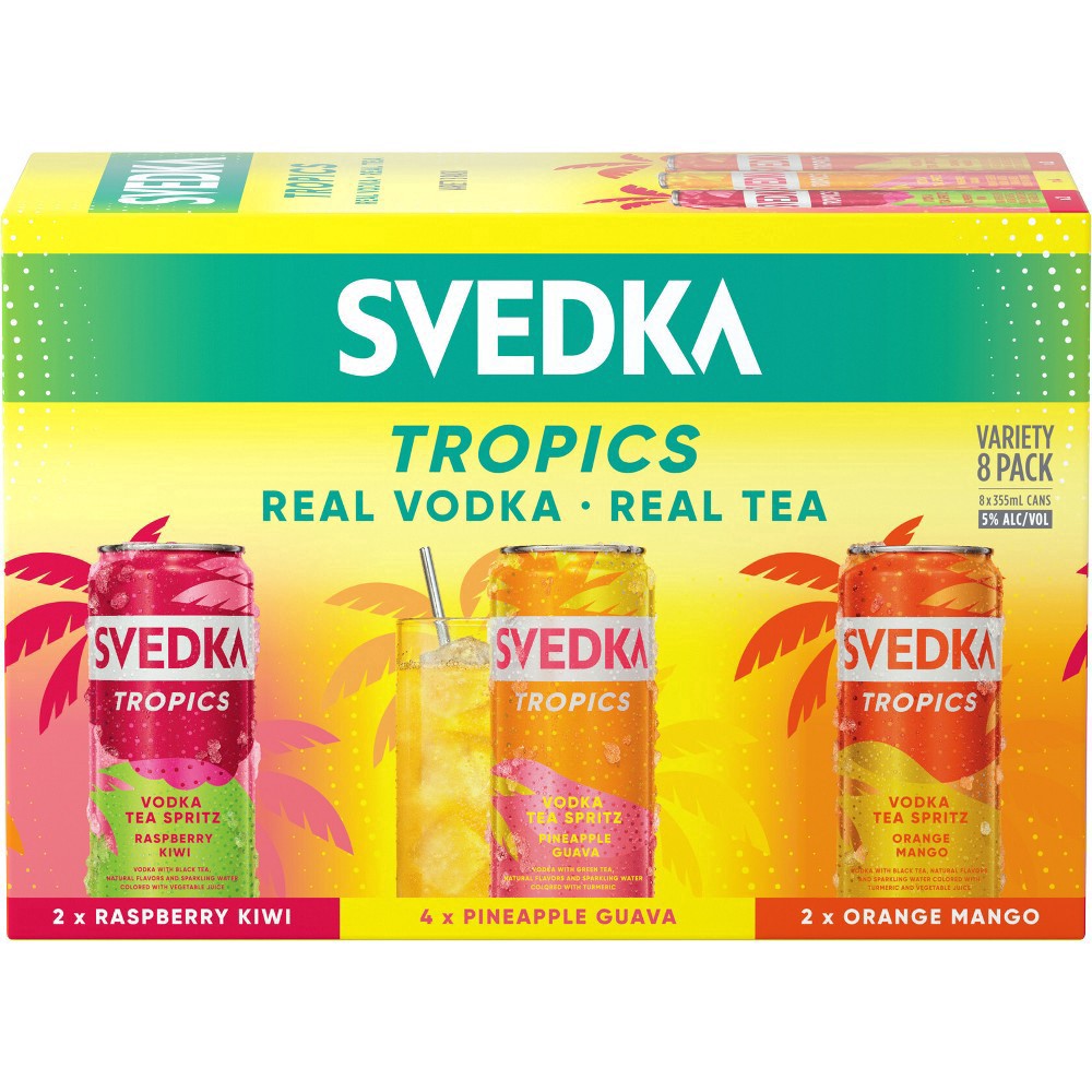 slide 2 of 8, SVEDKA Tropics Variety Pack Vodka Tea Spritz Canned Cocktail, 8 pk 355 mL Cans, 5% ABV, 96.03 fl oz