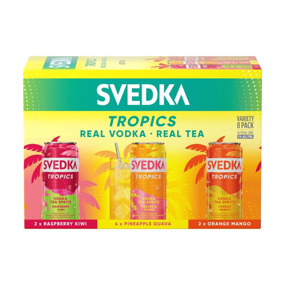 slide 3 of 8, SVEDKA Tropics Variety Pack Vodka Tea Spritz Canned Cocktail, 8 pk 355 mL Cans, 5% ABV, 96.03 fl oz