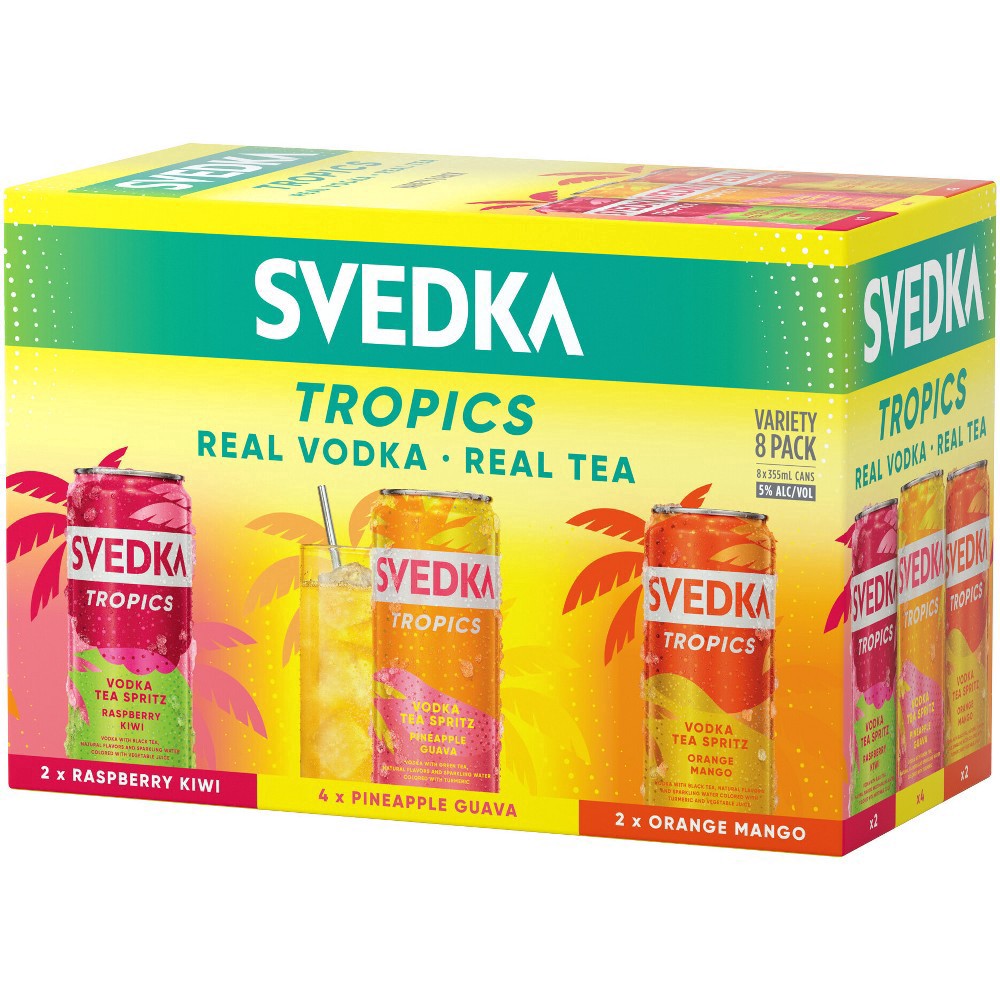 slide 6 of 8, SVEDKA Tropics Variety Pack Vodka Tea Spritz Canned Cocktail, 8 pk 355 mL Cans, 5% ABV, 96.03 fl oz